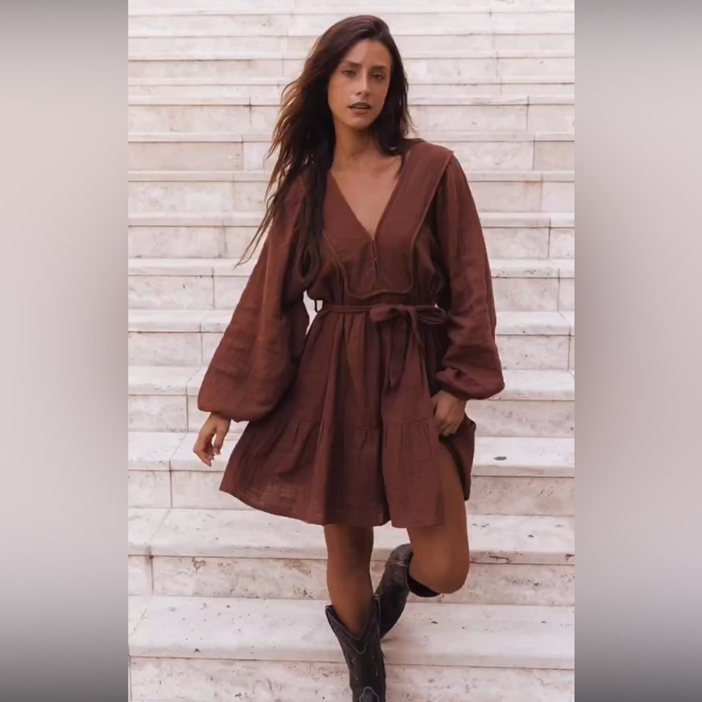 NWT TROPICAL DREAM Chocolate brown cotton fall mini dress